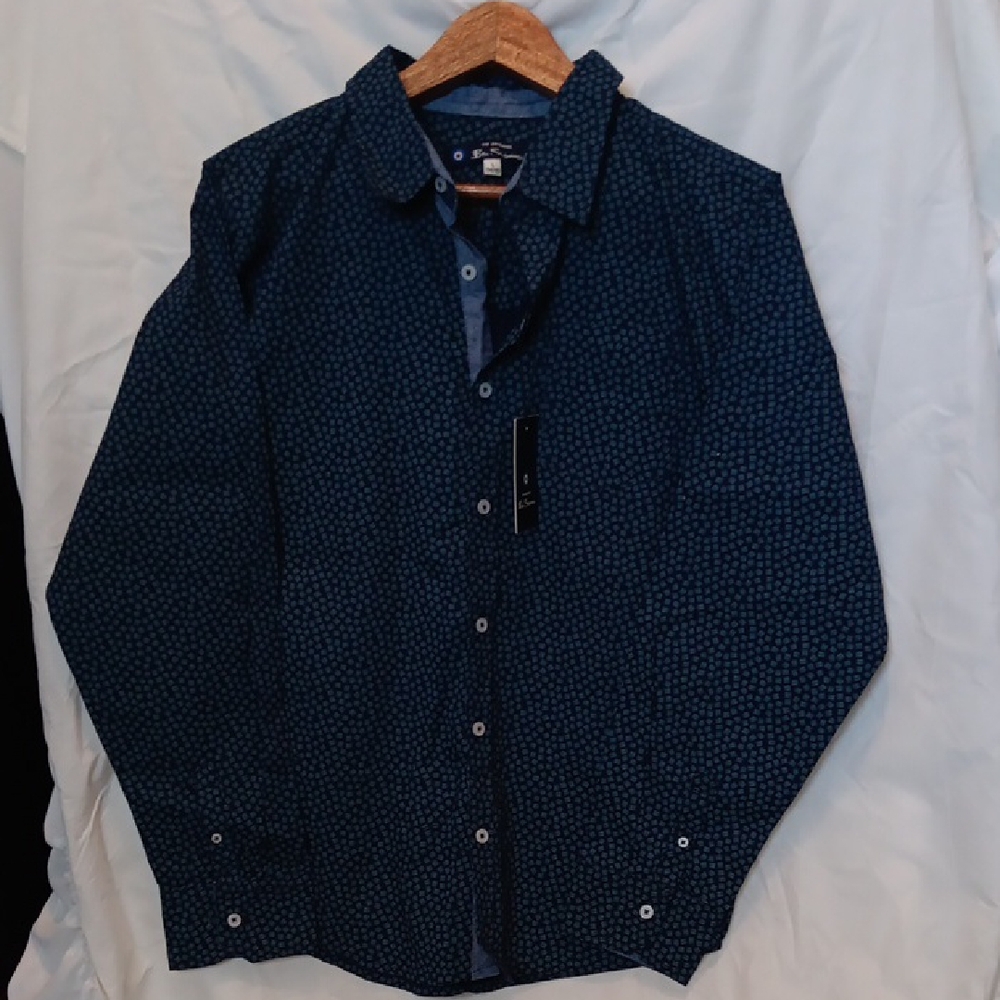 Ben Sherman NWT Patterned Navy Light Blue Shirt Long Sleeved 14/16 Youth L